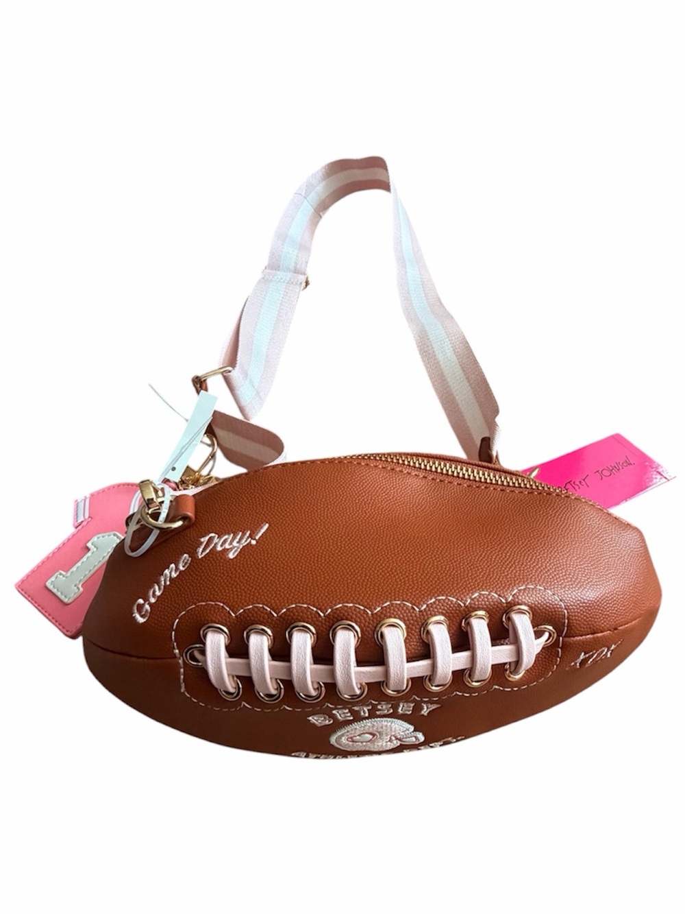Betsey Johnson Kitschy Football Crossbody with  Adjustable Pink Strap